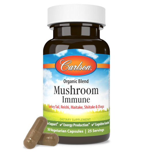 Carlson Mushroom Complex bottle with label and organic seal, supports daily immune function.
