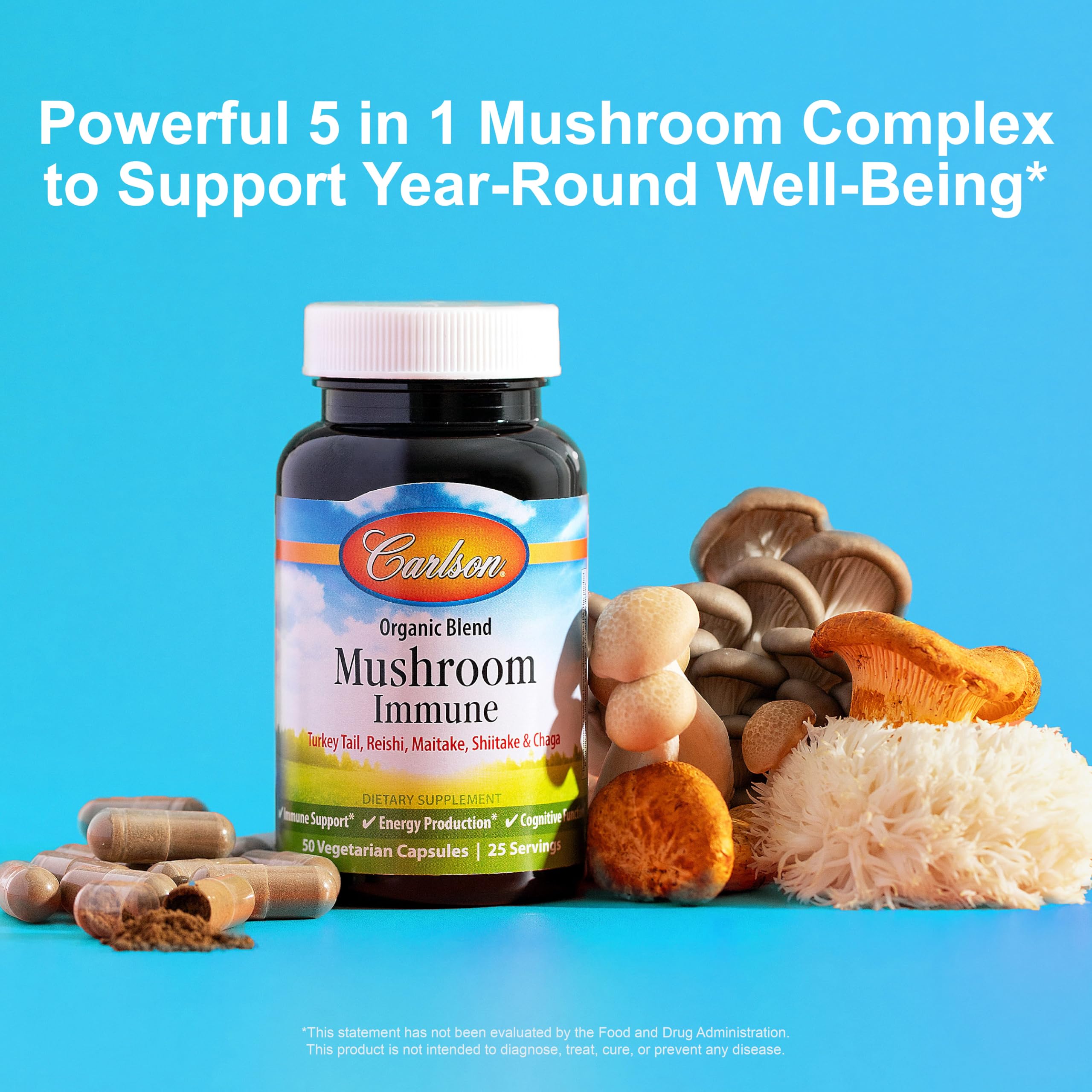 Carlson Mushroom Complex capsules on white background for convenient daily dosing, easy to swallow.