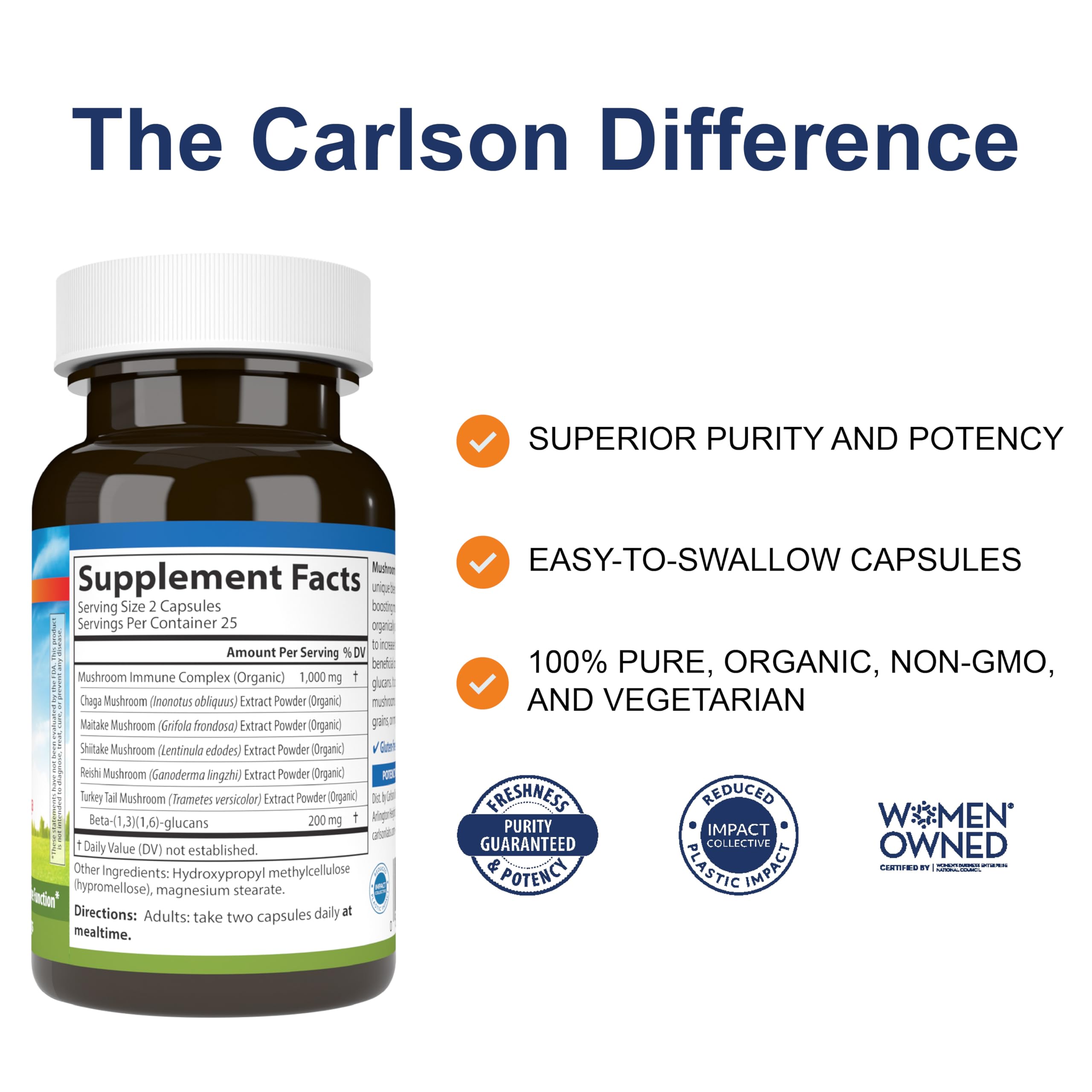 Carlson Mushroom Complex label close-up highlighting Turkey Tail and Reishi varieties for immune support.