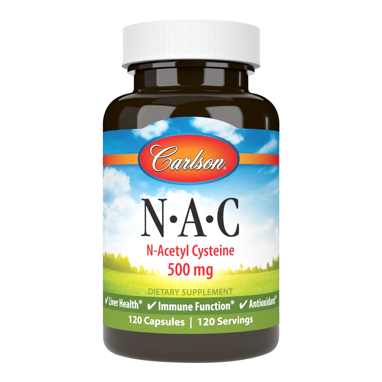 Carlson NAC 500mg bottle label highlights dosage for liver support