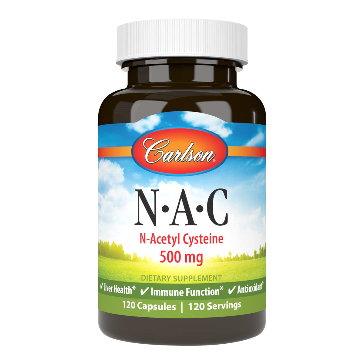 Carlson NAC 500mg bottle label highlights dosage for liver support