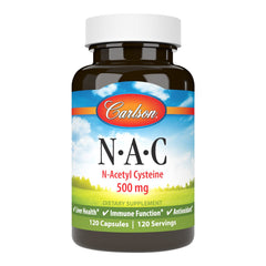 Carlson NAC 500mg bottle label highlights dosage for liver support