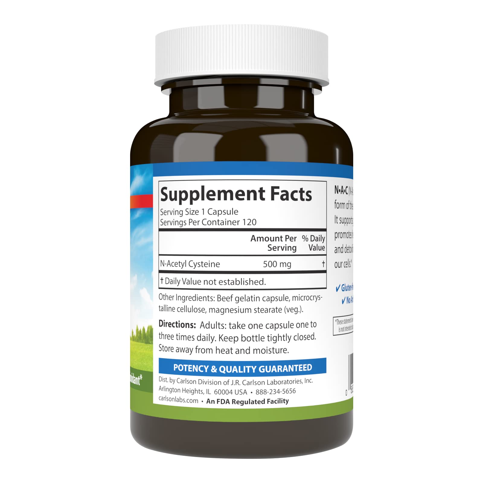Carlson NAC 500mg capsules closeup shows vegetarian capsules for easy supplementation