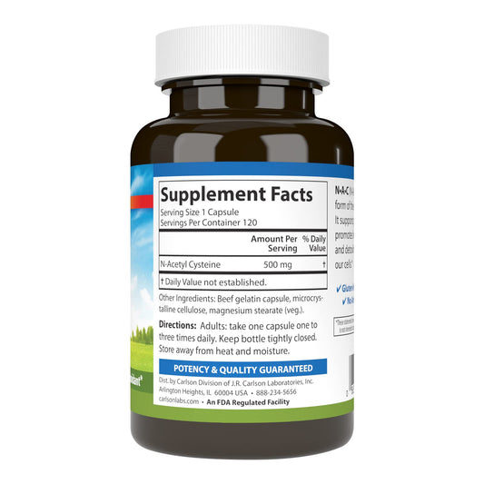 Carlson NAC 500mg capsules closeup shows vegetarian capsules for easy supplementation