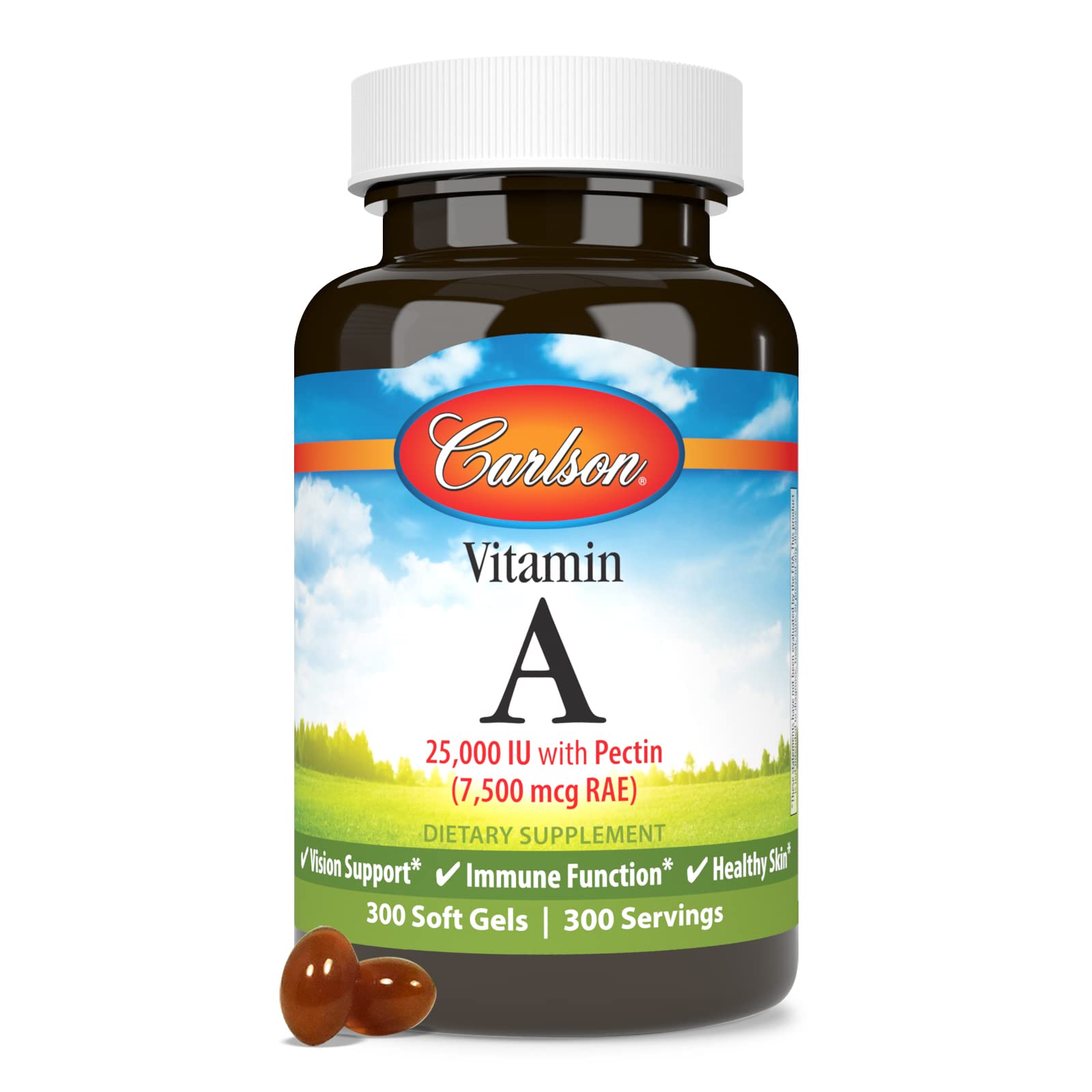 Dim-light scene with Carlson Vitamin A softgels illustrating potential night vision support.