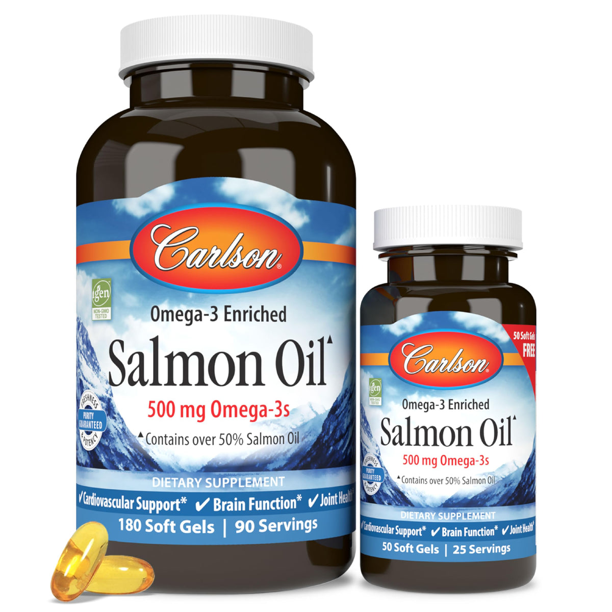 Carlson Norwegian Salmon Oil bottle showing 500 mg omega-3 per serving for daily support