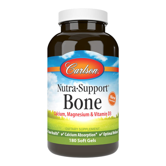 Carlson Nutra-Support Bone bottle shows 180 softgels for daily calcium intake and vitamin D absorption