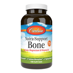 Carlson Nutra-Support Bone bottle shows 180 softgels for daily calcium intake and vitamin D absorption