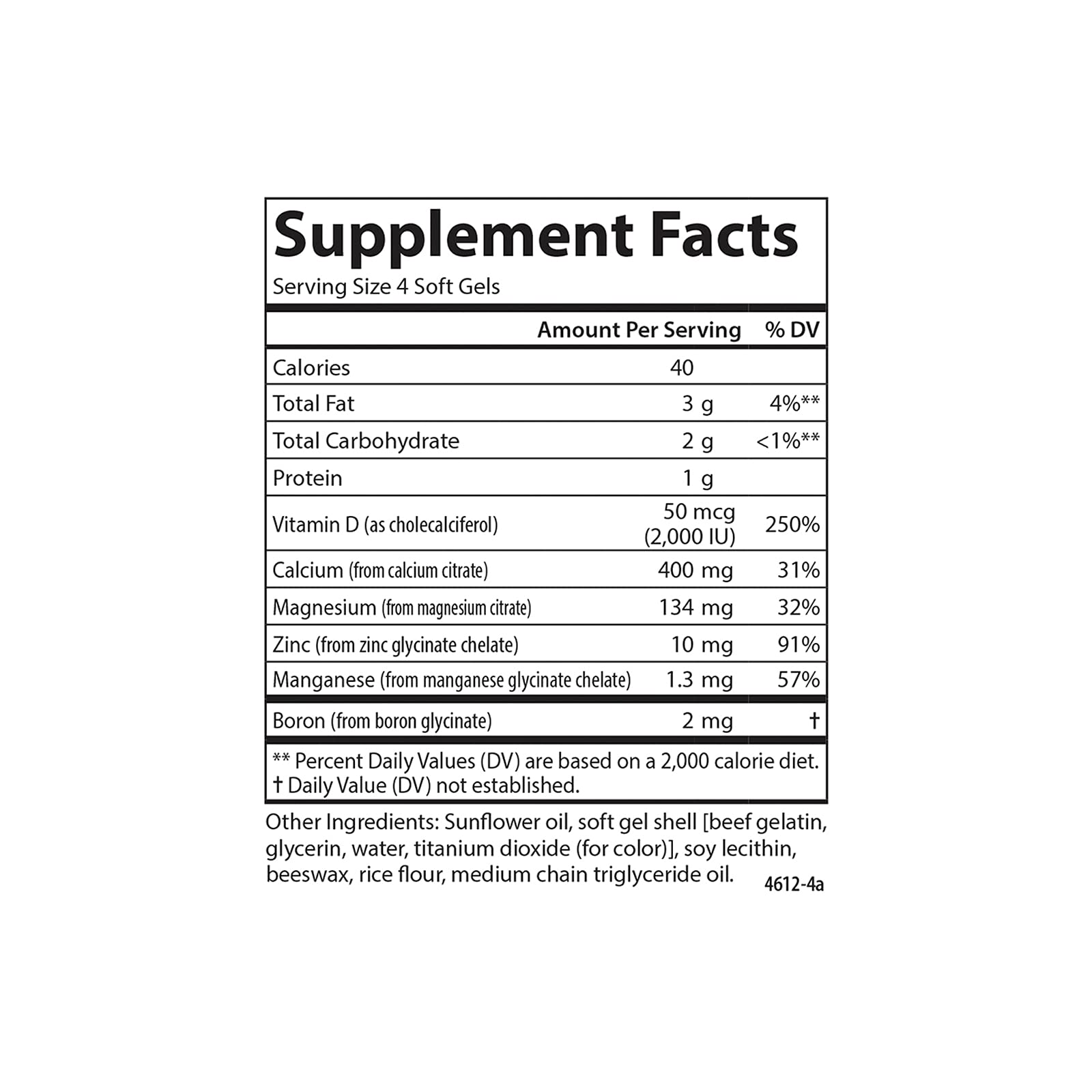 Carlson Nutra-Support Bone calcium per serving visual emphasizes 400 mg calcium
