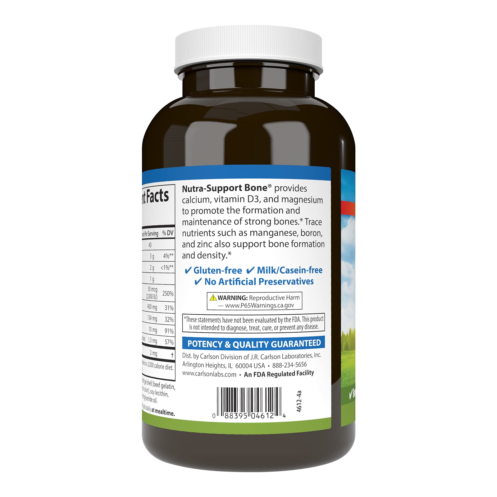 Carlson Nutra-Support Bone capsules closeup with smooth, easy-to-swallow texture