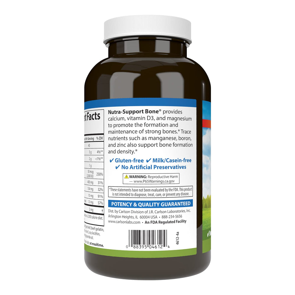Carlson Nutra-Support Bone capsules closeup with smooth, easy-to-swallow texture