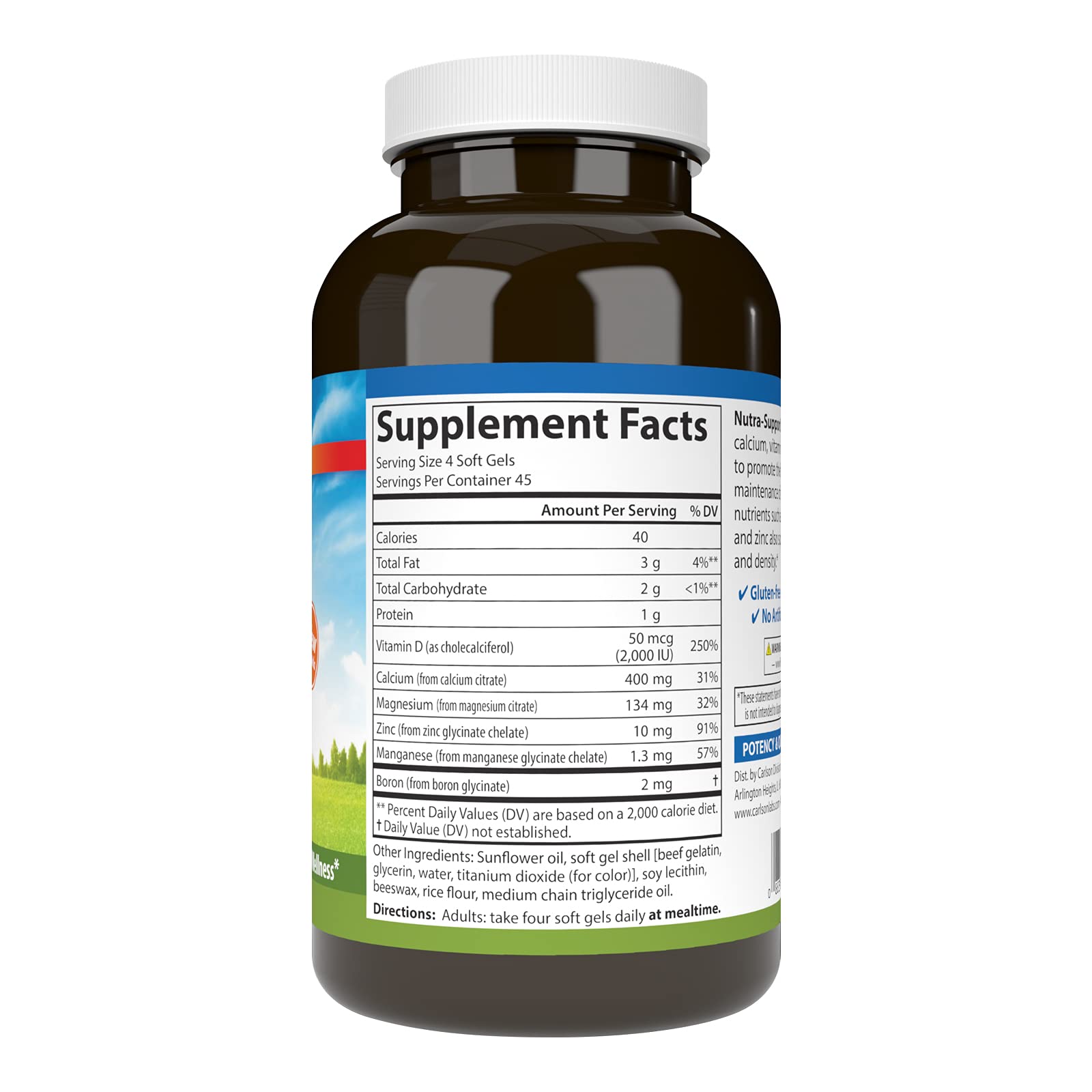 Carlson Nutra-Support Bone label closeup highlighting magnesium, manganese, and boron blend