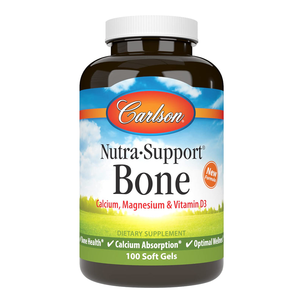 Carlson Nutra-Support bottle front view highlighting bone health support