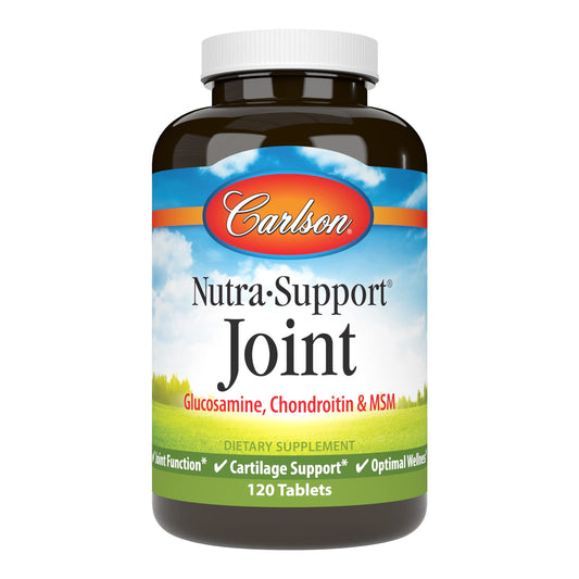 Carlson Nutra-Support bottle showing glucosamine, chondroitin and MSM for daily joint nourishment.