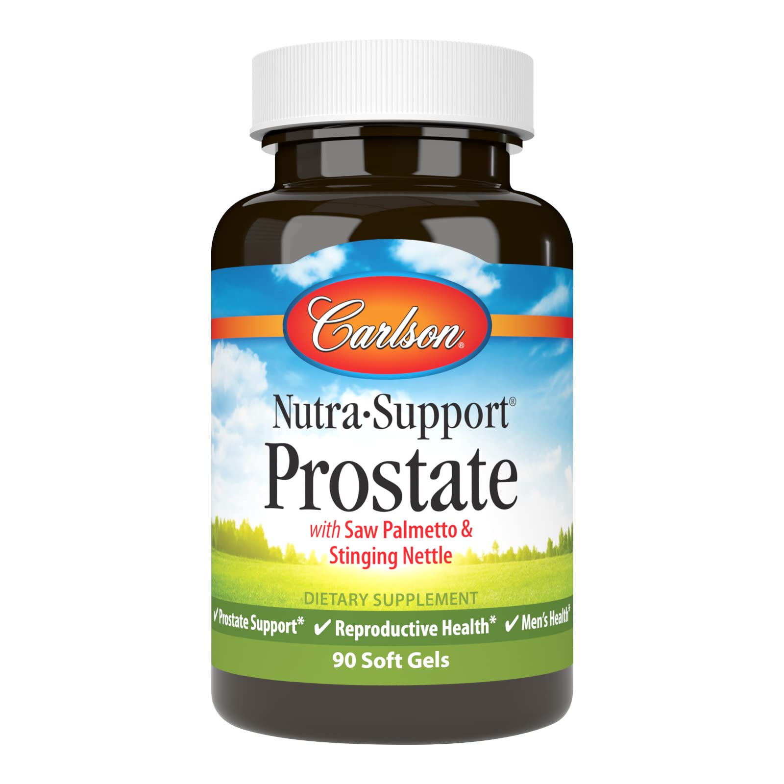 Carlson Nutra-Support Prostate bottle on counter for daily prostate support