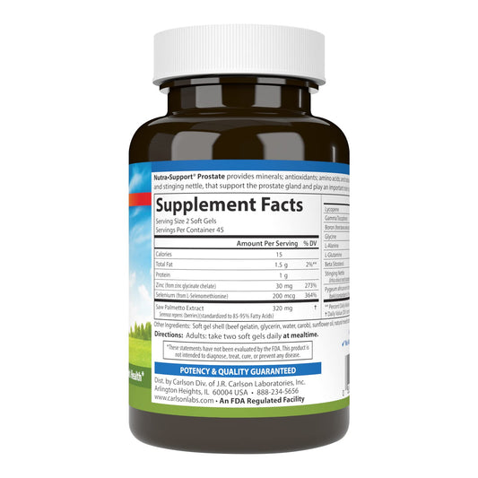 Closeup of Carlson Nutra-Support Prostate softgels for easy daily use