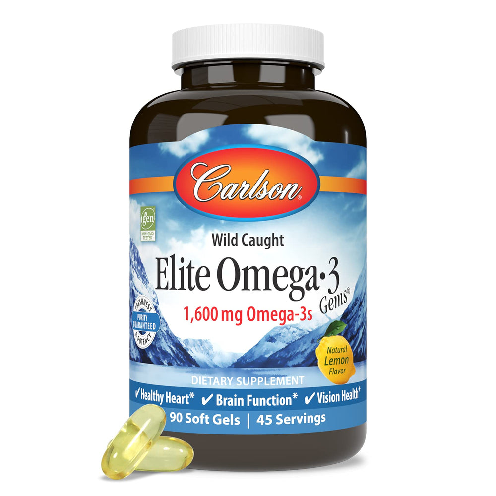 Carlson Omega-3 bottle pouring softgels to illustrate easy dosing and freshness