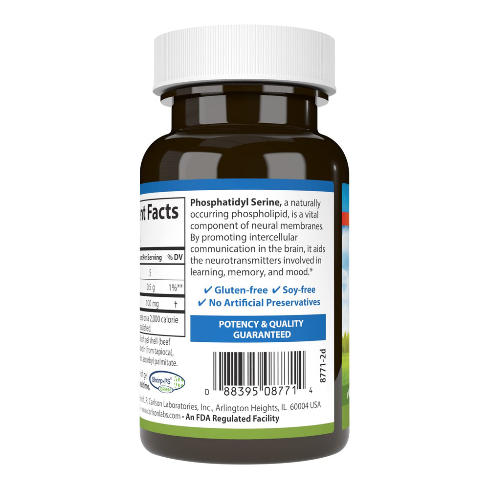 Carlson phosphatidylserine bottle label front indicating non-GMO quality