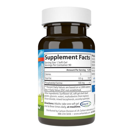 Carlson phosphatidylserine softgels close-up; label highlights non-GMO and 100 mg