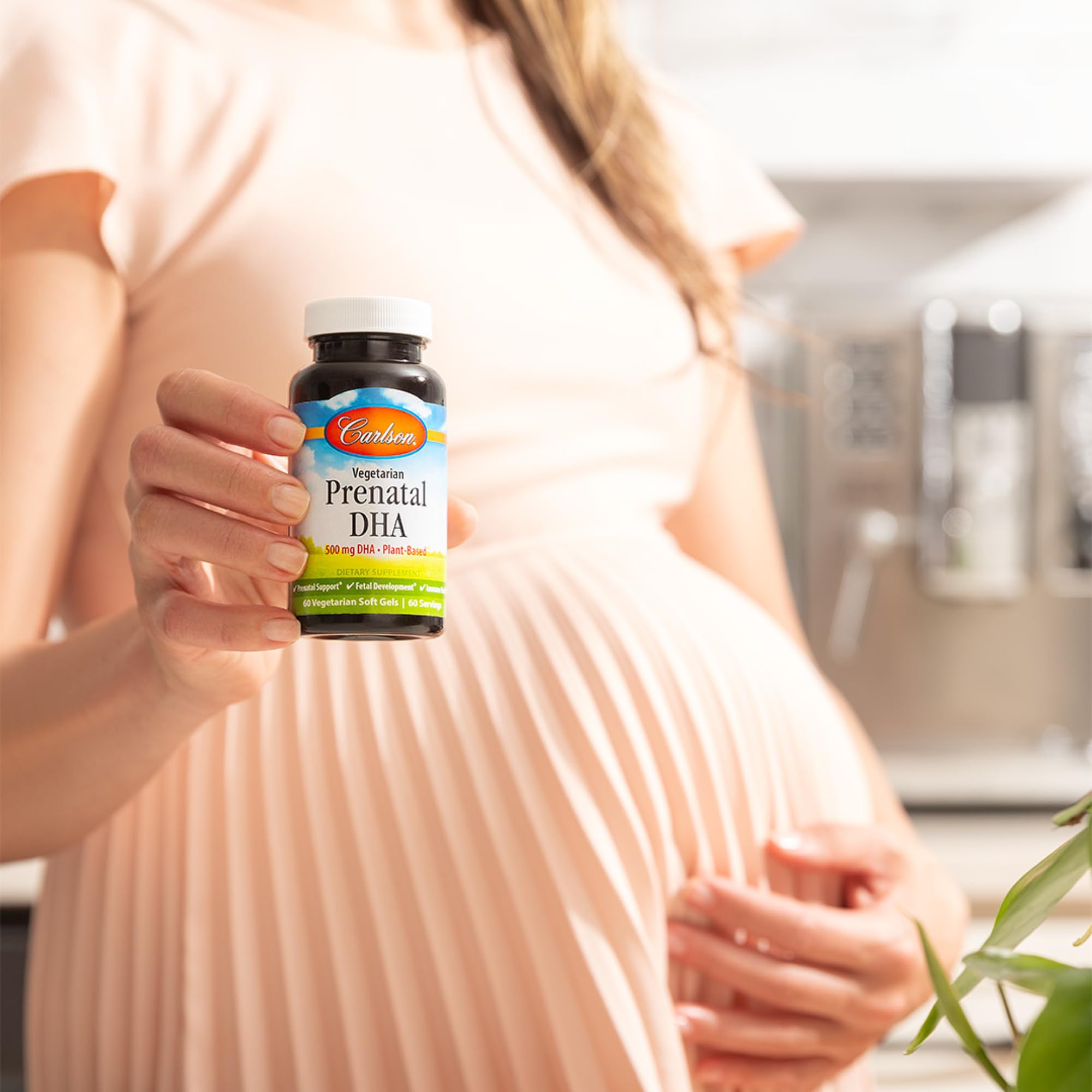 Carlson Prenatal DHA softgel close-up 500 mg potency, plant-based