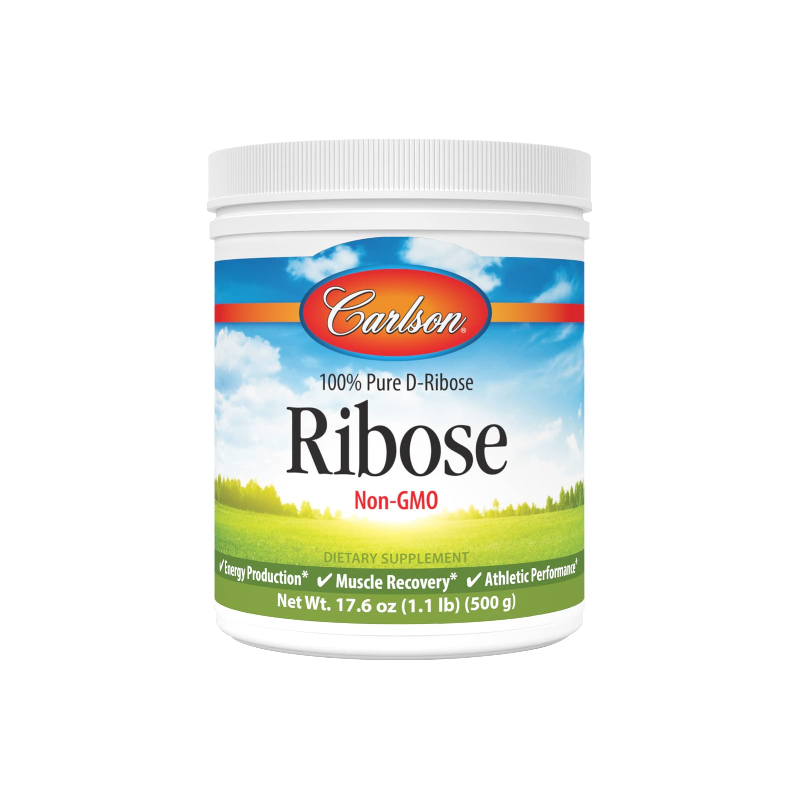 Carlson Ribose bottle label showing the non-GMO formula for energy support.