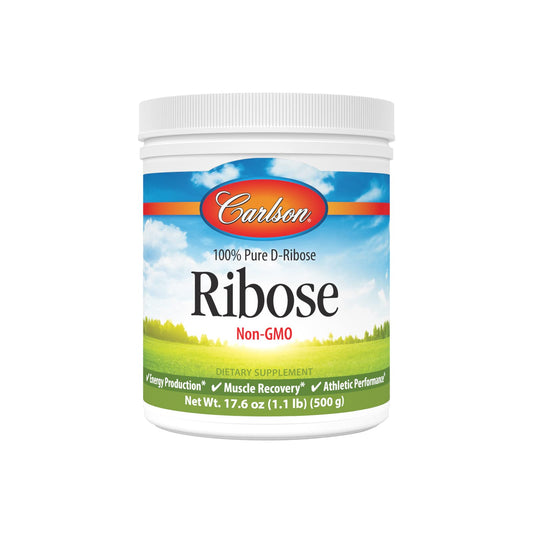 Carlson Ribose bottle label showing the non-GMO formula for energy support.