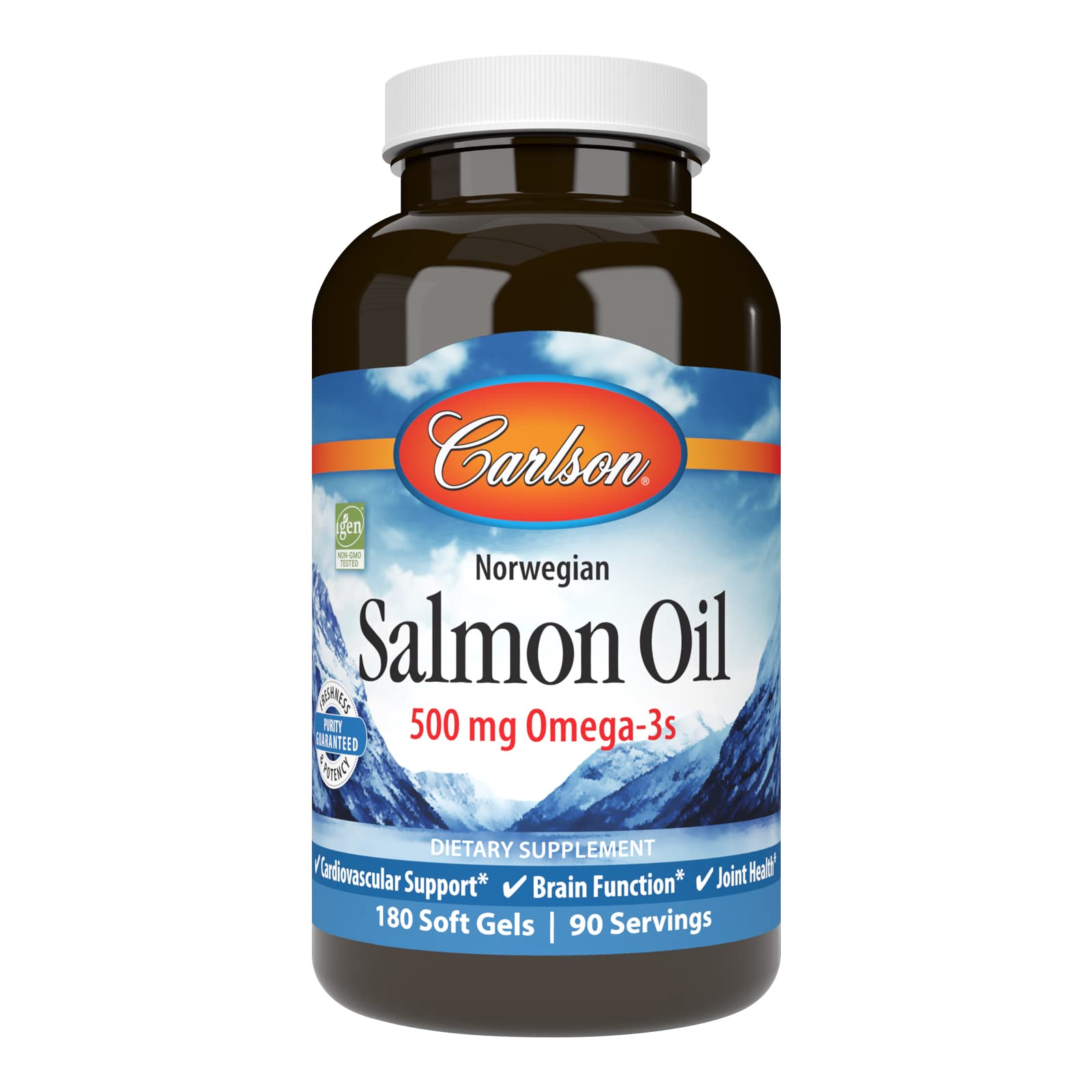 Carlson Salmon Oil bottle front showing 500 mg omega-3s for overall wellness