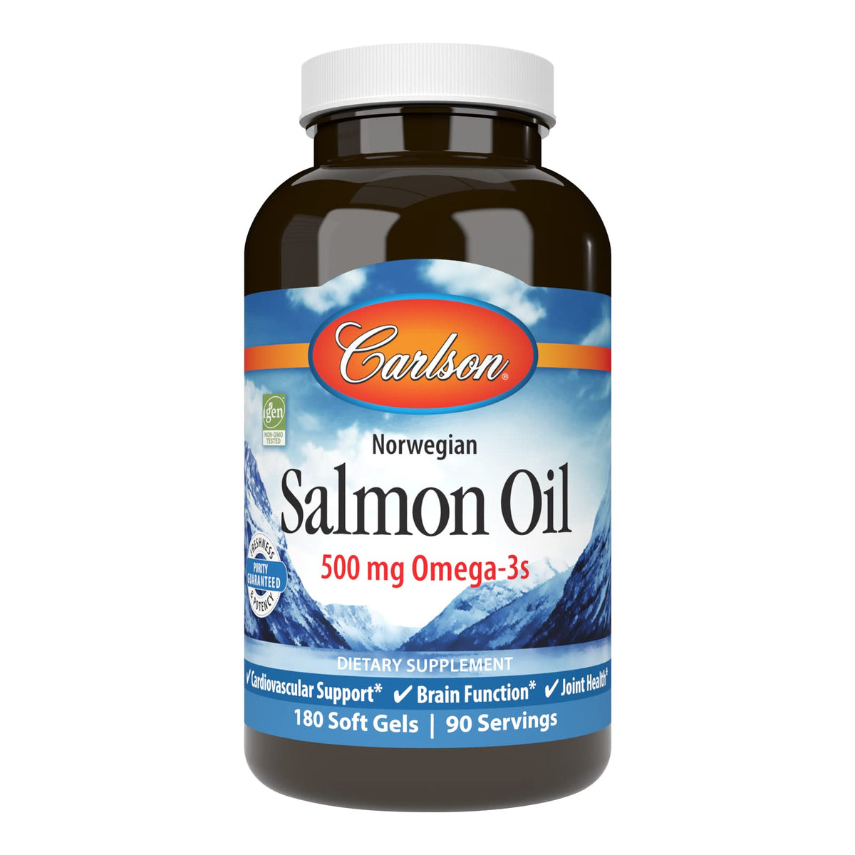 Carlson Salmon Oil bottle front showing 500 mg omega-3s for overall wellness