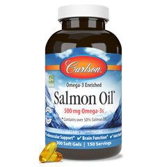 Carlson Salmon Oil bottle with omega-3s for heart and brain support.