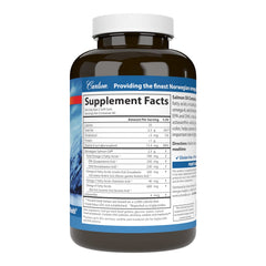 Carlson Salmon Oil Complete bottle showing astaxanthin-rich soft gels for antioxidant support.