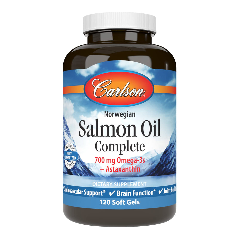 Carlson Salmon Oil Complete bottle with soft gels supports heart health and brain function.