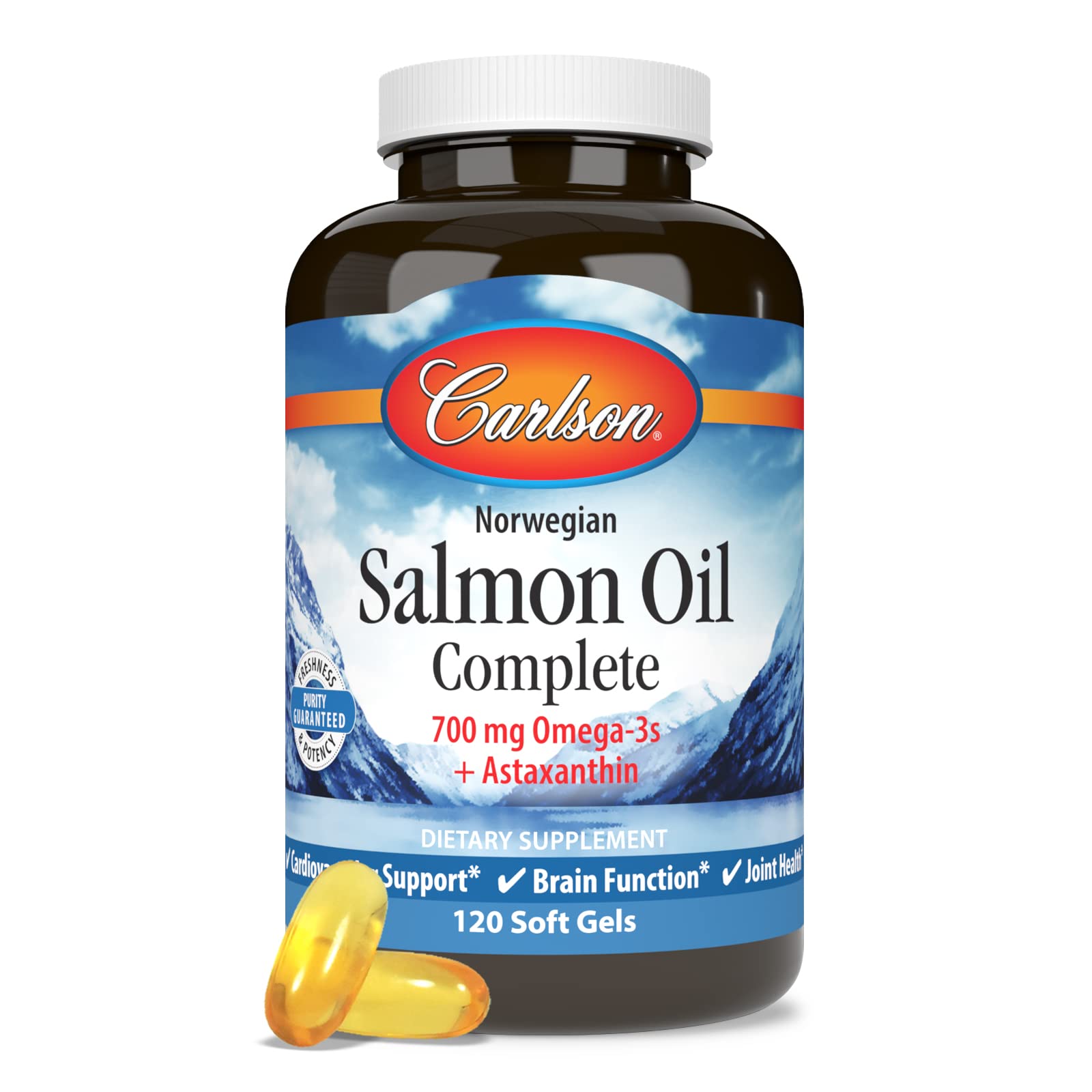 Carlson Salmon Oil Complete packaging showcases comprehensive fatty acids profile.