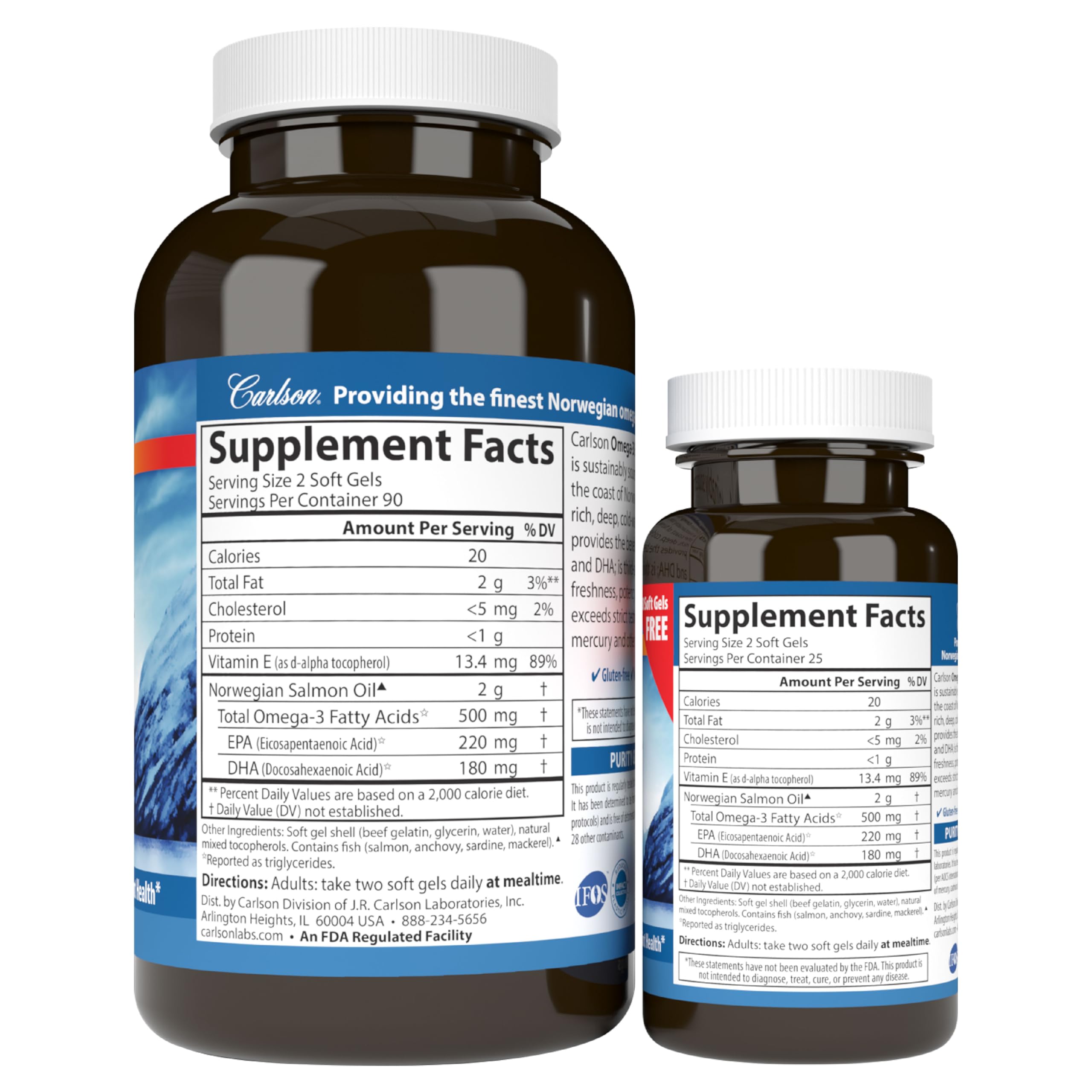 Packaging shows 180-50 softgels in Carlson bottle