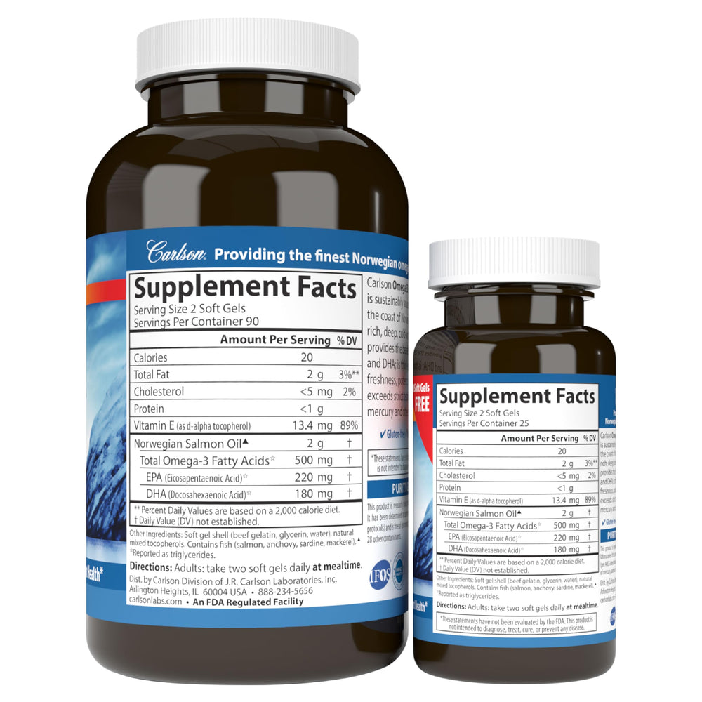 Packaging shows 180-50 softgels in Carlson bottle