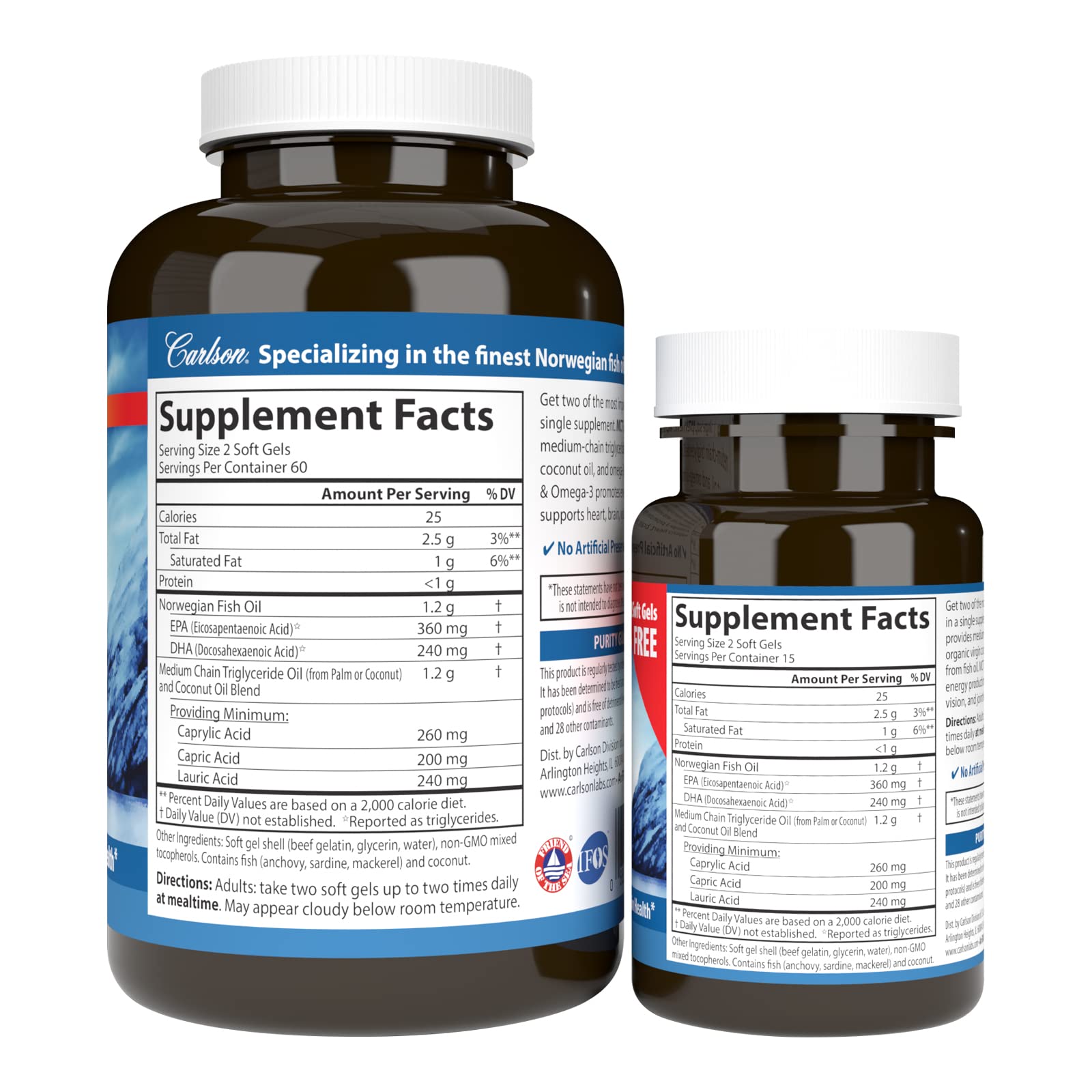 Carlson MCT Omega-3 softgels pour bottle for easy daily use.