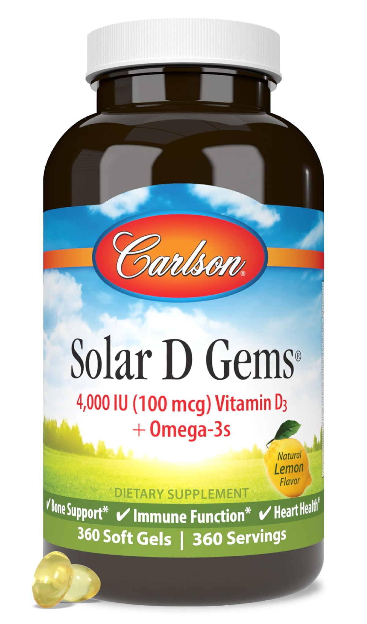 Carlson Solar D Gems bottle front label highlighting D3 and omega-3 in one soft gel