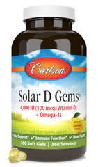 Carlson Solar D Gems bottle front label highlighting D3 and omega-3 in one soft gel