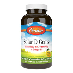 Carlson Solar D Gems lemon softgel bottle supports bone health and omega-3 intake.