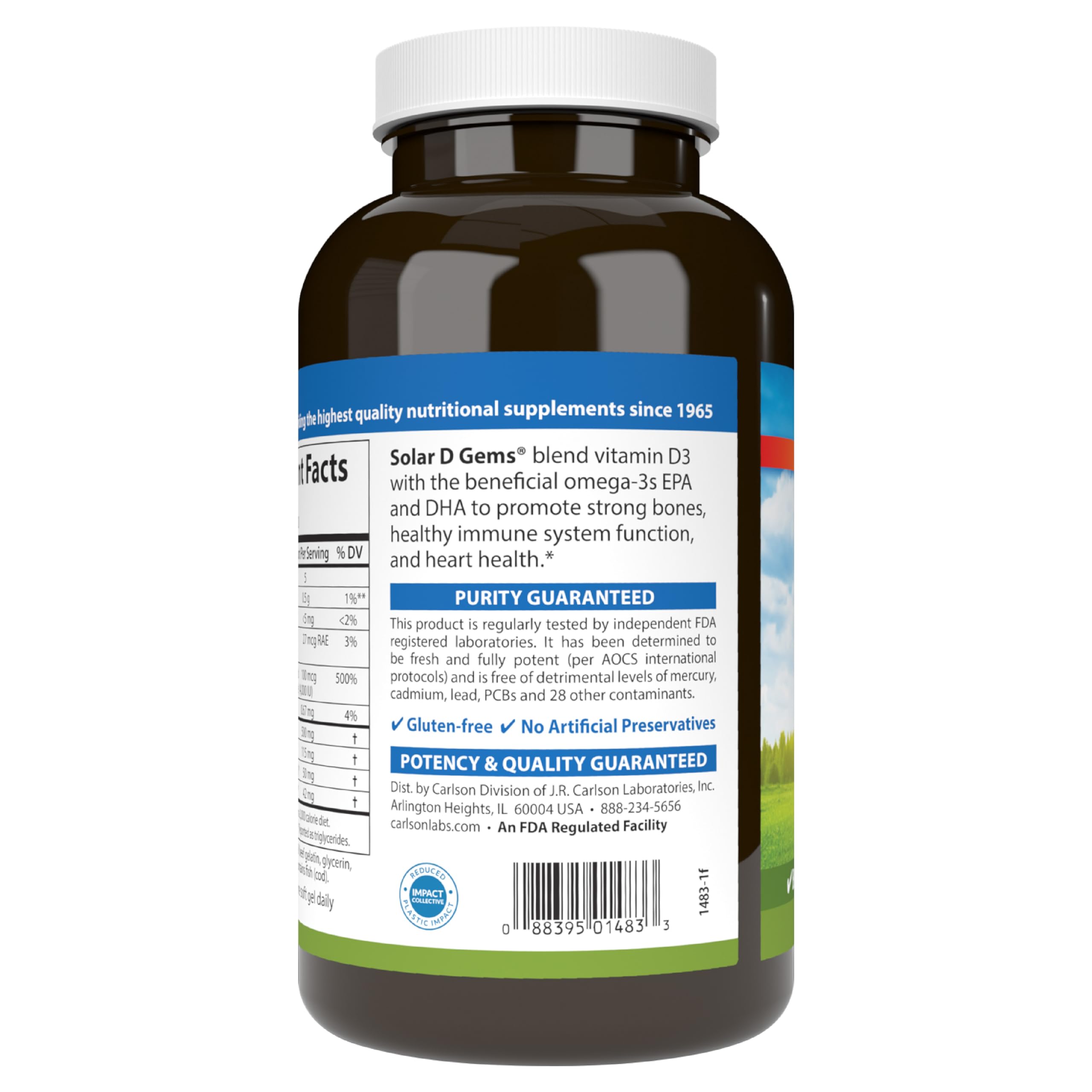 Carlson Solar D Gems product packaging communicates D3 and omega-3 benefits