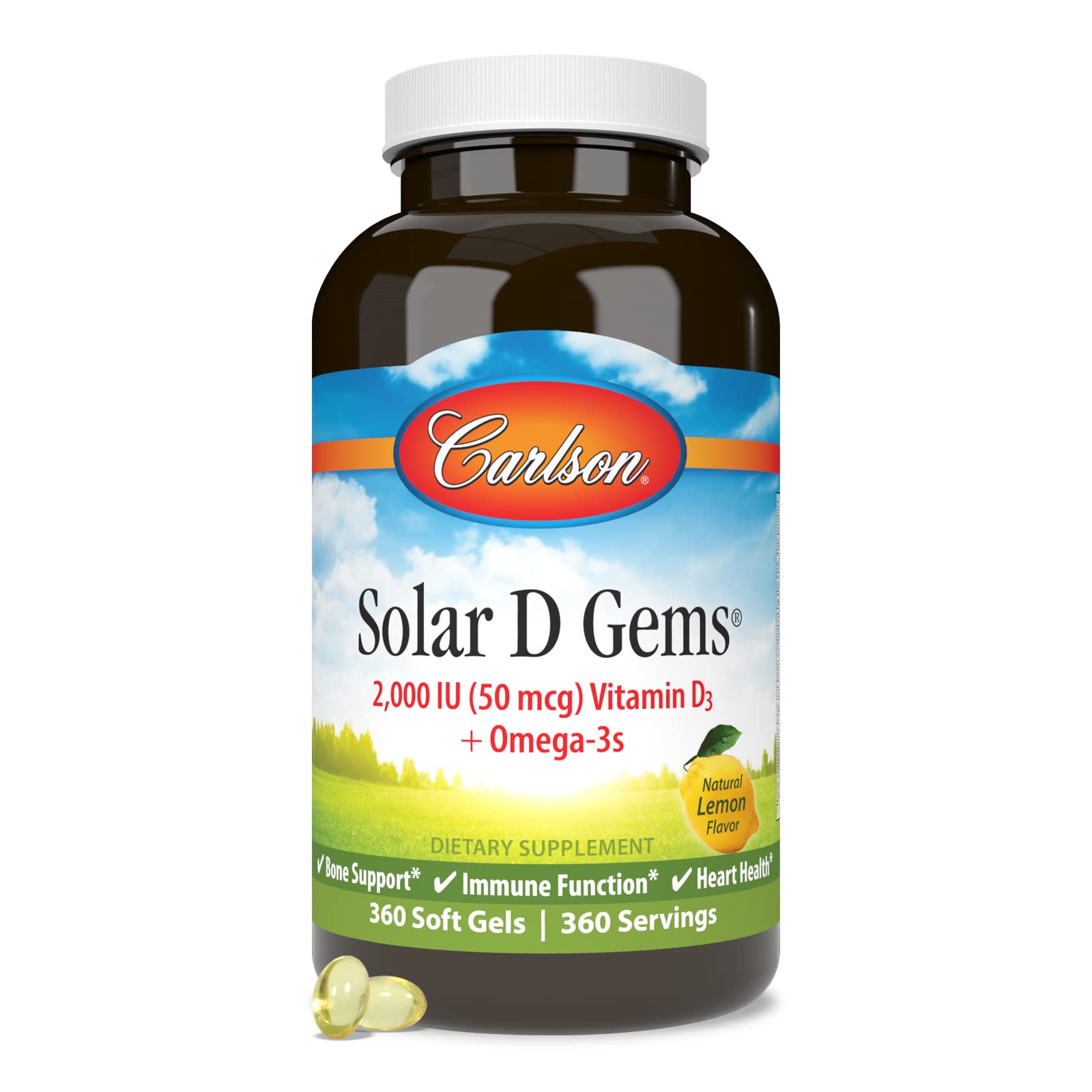 Carton showing 360 softgels of Carlson Solar D Gems lemon flavor.