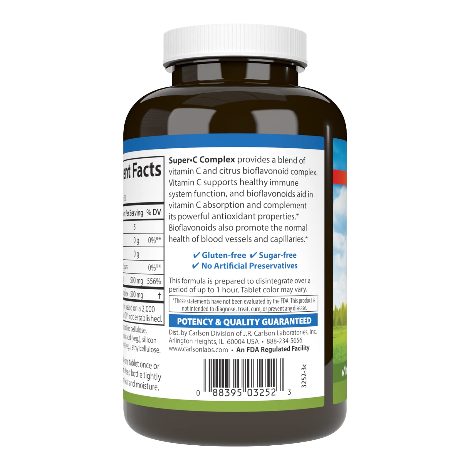 Carlson Super-C Complex label detail showing 500 mg vitamin C and 500 mg bioflavonoids.