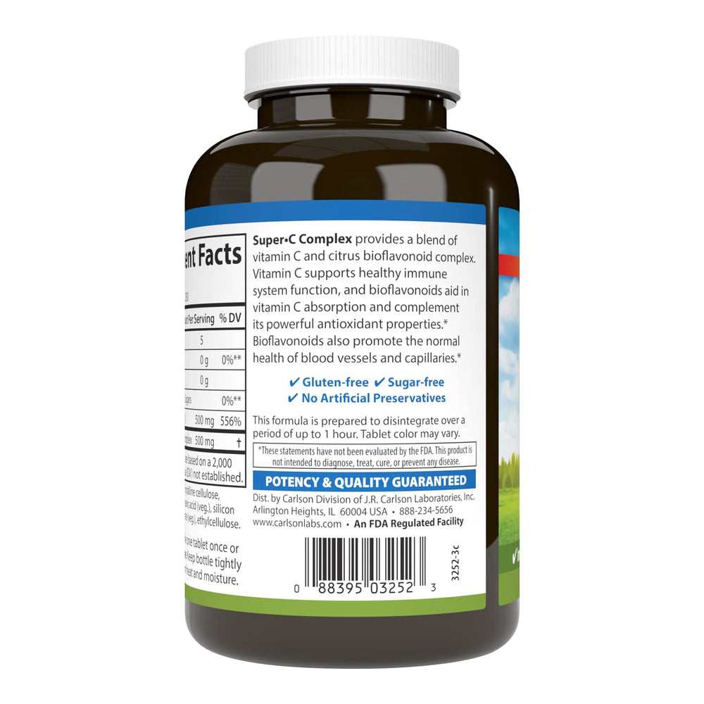 Carlson Super-C Complex label detail showing 500 mg vitamin C and 500 mg bioflavonoids.