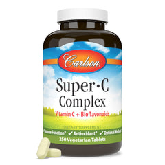 Carlson Super-C Complex packaging box emphasizing vegetarian tablets for wellness routines.