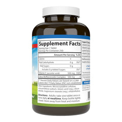 Close-up of Carlson Super-C Complex tablets highlighting high vitamin C content and purity.