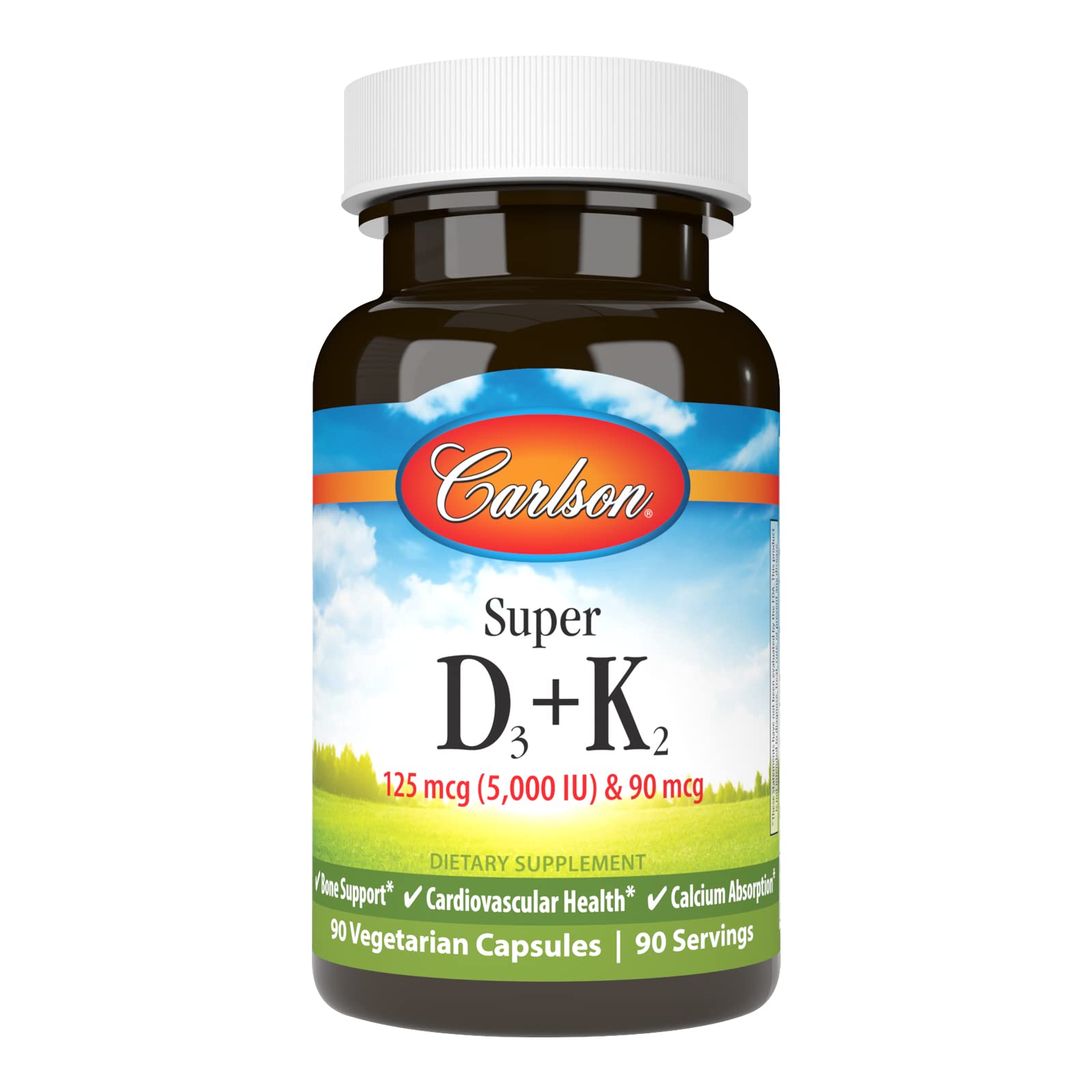 Carlson Super D3 + K2 bottle label shows D3 and K2 ingredients for bone support.