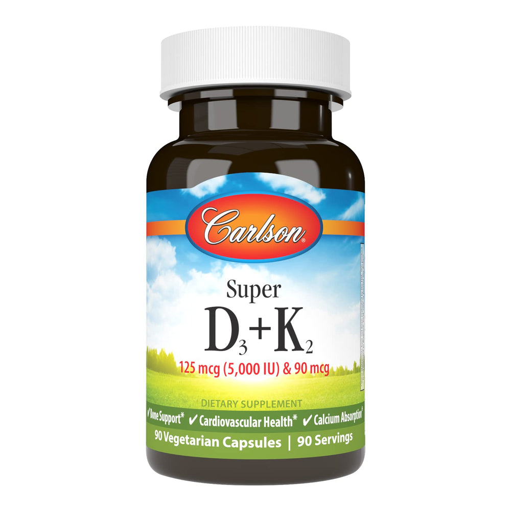 Carlson Super D3 + K2 bottle label shows D3 and K2 ingredients for bone support.