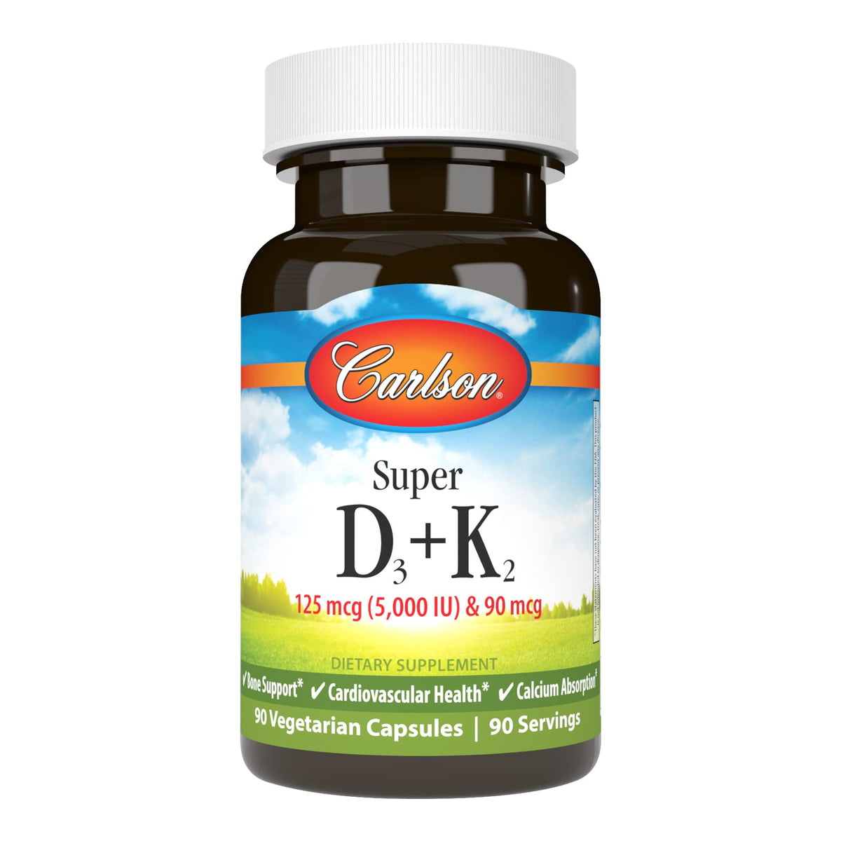 Carlson Super D3 + K2 bottle label shows D3 and K2 ingredients for bone support.