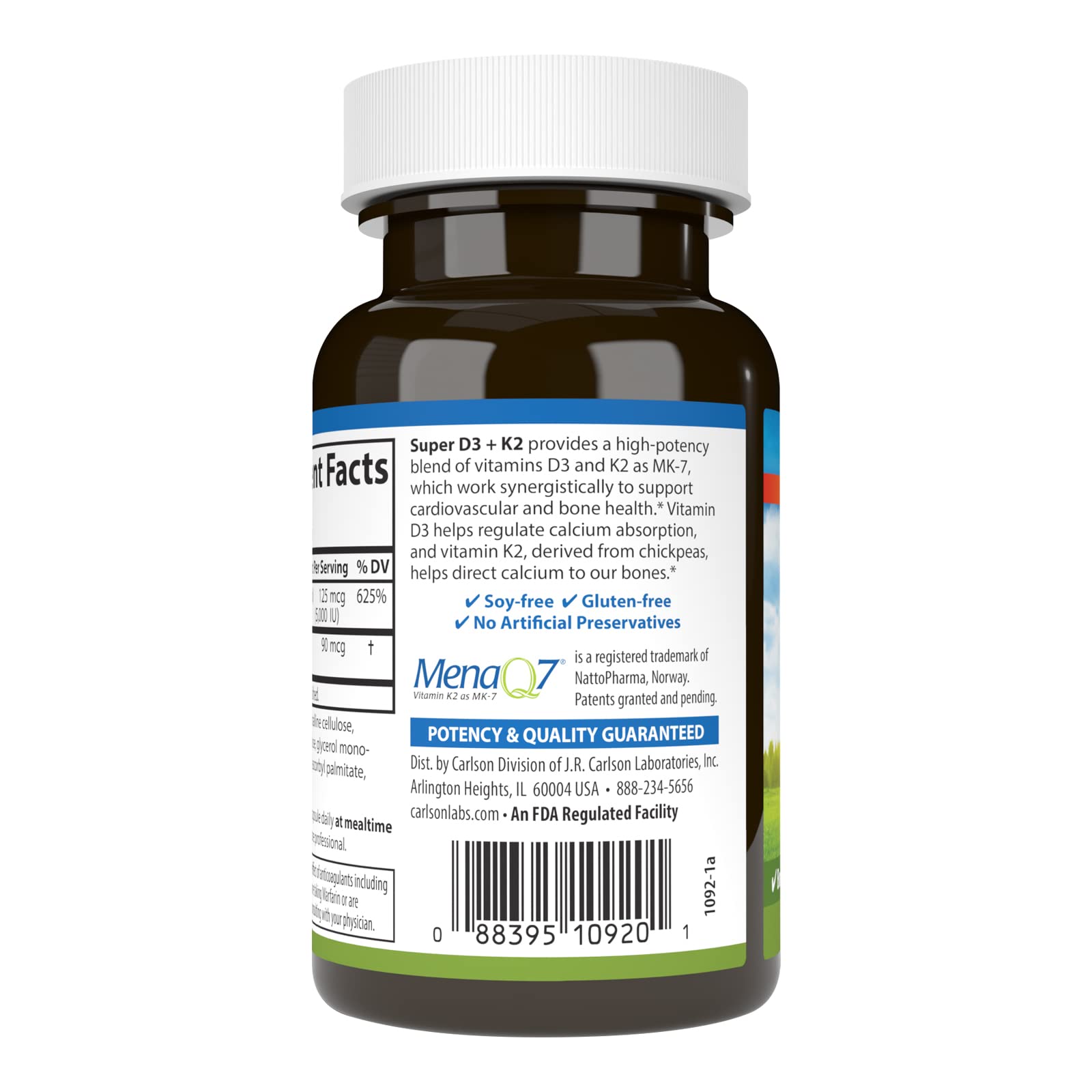 Carlson Super D3 + K2 nutrition panel with dosage details and ingredients.