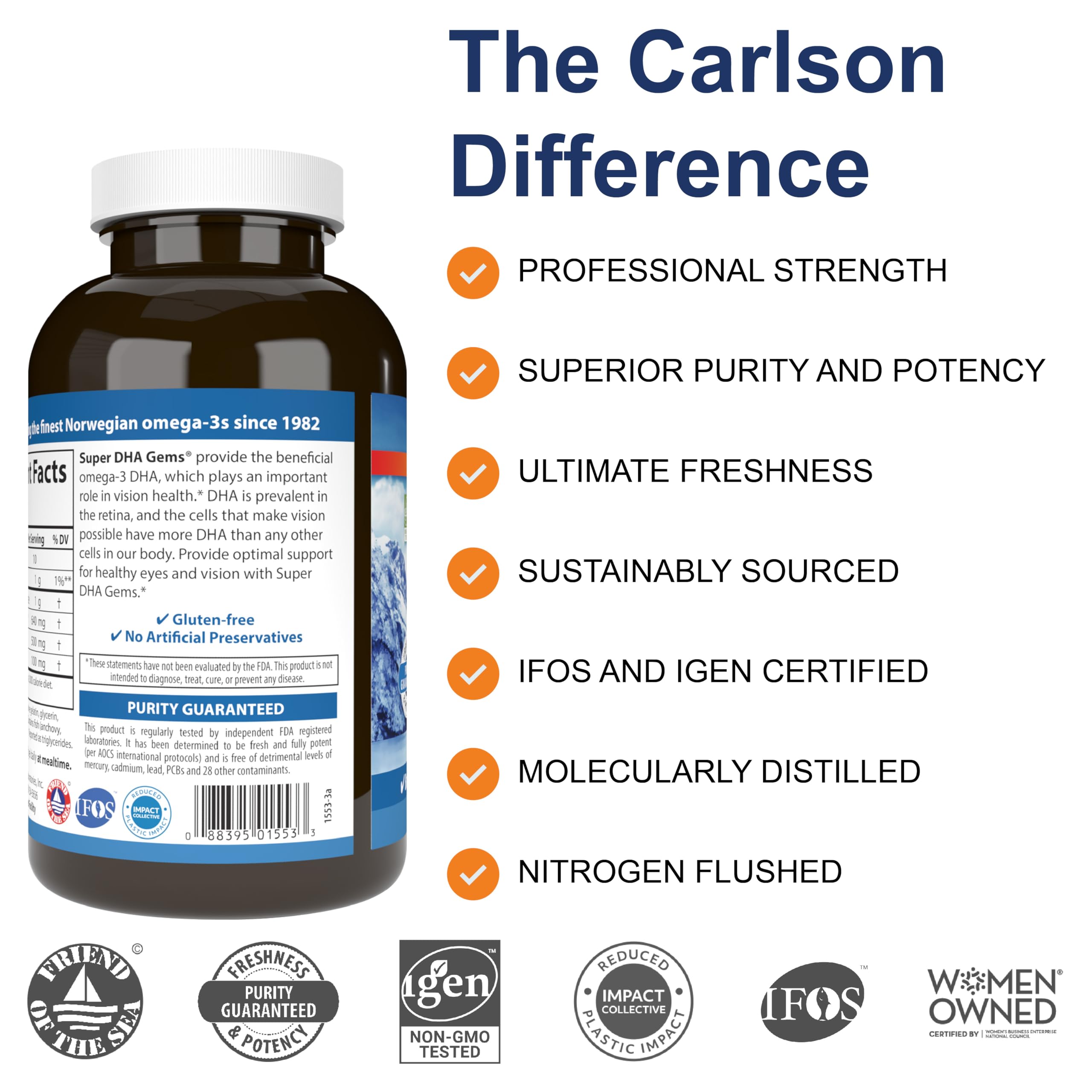Carlson Super DHA Gems 500 mg DHA close-up highlighting high DHA content per softgel