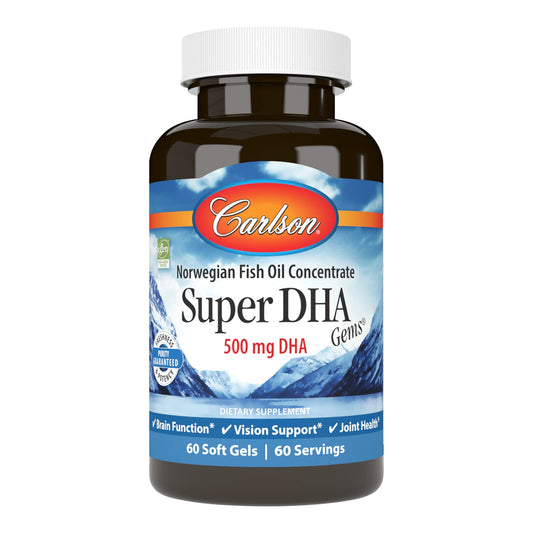 Carlson Super DHA Gems bottle emphasizes a trusted omega-3 source for daily use.